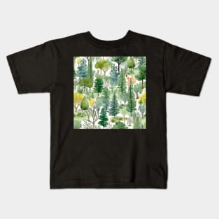 Pastel Oasis: A Serene Seamless Pattern of Trees and Plants in Soft Hues Kids T-Shirt